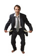 Young man shouts showing his empty pockets
