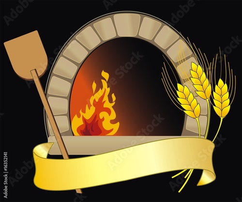 vector illustration of firewood oven with shovel and grain