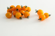 gelbe Kirschtomaten auf weissem Acryl mit Wassertropfen
