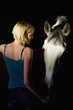 Woman feeding horse in stable