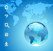 Globe and website icons on blue background of World map