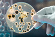 Petri dish with bacteria in a hand of scientist Petri dish with bacteria in a hand of scientist