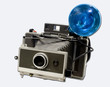 Instant Camera With Blue Flash Bulb on a white background Instant Camera With Blue Flash Bulb on a white background
