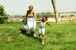 Mom with kids running