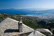 foreground stone roof and background bay