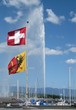 Jet d'eau de Genève avec drapeaux suisse et genevois Jet d'eau de Genève avec drapeaux suisse et genevois