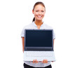 Happy cute woman displaying a laptop on white Happy cute woman displaying a laptop on white