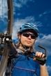 portrait of a young bicyclist in helmet with bicycle portrait of a young bicyclist in helmet with bicycle
