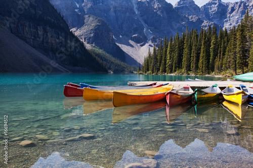 Photo: Canoes on Moraine Lake Canoes on Moraine Lake