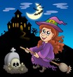 Cute witch on broom with mansion Cute witch on broom with mansion