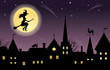 Witch flying over a town.