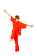 Foto: young woman makes kung-fu exercise isolated with path on white young woman makes kung-fu exercise isolated with path on white