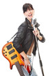 Rock-n-roll girl holding a guitar singing into retro microphone