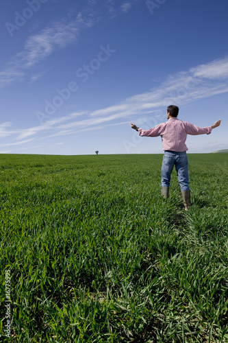 Photo: Farmer standing with arms outstretched in young wheat field Farmer standing with arms outstretched in young wheat field