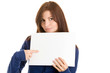 Student pointing at sheet with white copy space