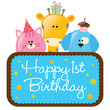 Vector: Isolated baby animals with first birthday sign Isolated baby animals with first birthday sign