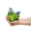 Photo en ligne au meilleur prix Human hands holding green planet with urban city