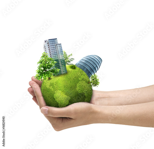 Illustration: Human hands holding green planet with urban city Human hands holding green planet with urban city