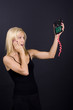 Blonde female wonder of broken computer part