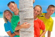 Family behind palm tree