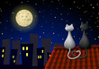 Two cats sitting on a roof at night, looking at the moon. Two cats sitting on a roof at night, looking at the moon.