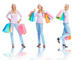 Beautiful young female holding shopping bags over white , multi