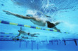 Male swimmers racing in pool, underwater view
