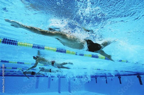 Photo: Male swimmers racing in pool, underwater view Male swimmers racing in pool, underwater view