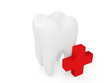 3d tooth with red cross isolated on white background.