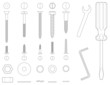 Black and white line illustration of screws and tools Black and white line illustration of screws and tools