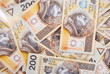 background made of polish 200 zloty banknotes