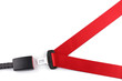 Red seat belt with a fastener and the lock