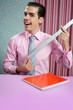 Funny young businessman with measuring ruler Funny young businessman with measuring ruler