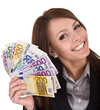 Happy woman with group of money. Isolated. Happy woman with group of money. Isolated.