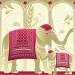 Decorated indian elephant, mother and baby in a palace.