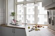 Kitchen worktop with chopped fruit and veg in urban apartment