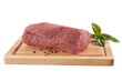 Raw beef on cutting board isolated on white background