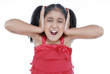 little girl screaming in red dress