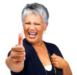 Happy old woman showing a success sign on white