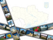Background with ukrainian travel shots ,map and emblem