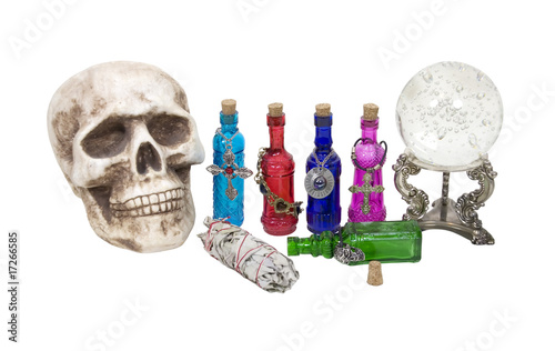 Photo: Skull, Crystal Ball, Herbs and Magic Potions Skull, Crystal Ball, Herbs and Magic Potions