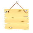 Empty wooden signboard hanging on a nail. Vector illustration.