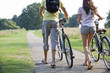 A young couple pushing bicycles uphill