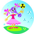 little girl in gas mask with radiation warning sign as a flower