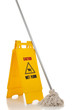 Wet floor sign and mop on white background