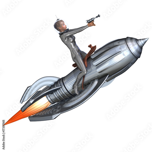 silver pin-up girl riding on a retro rocket