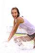 Attractive girl bathing in city fountain