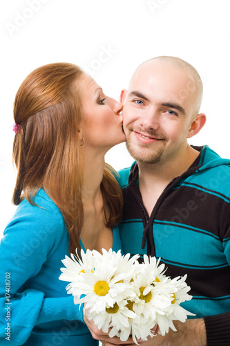 woman kiss bold young happy man