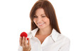Happy woman holding box with engagement ring smiling