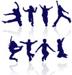 Boys and girls jumping vector silhouette with reflections.